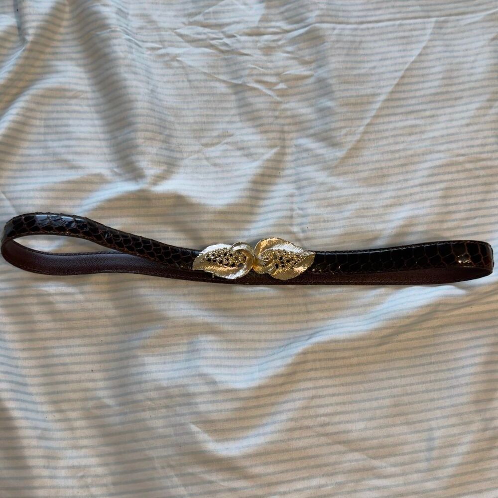 Vintage Brown Snakeskin Belt with Ornate Gold-Tone Leaf Buckle #leather #belt